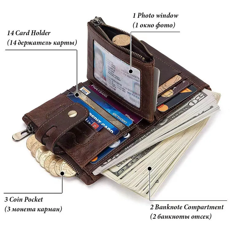 Best Selling Zipper RFID Genuine Cowhide Leather wallet male Luxury Purse Leather Wallets Vintage Gents Mens Slim Wallet