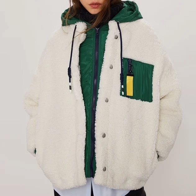 Winter Hot Sale Oversized Shearling Fuzzy Hoodie Vintage Patchwork Sherpa Fleece Jacket Women Coat