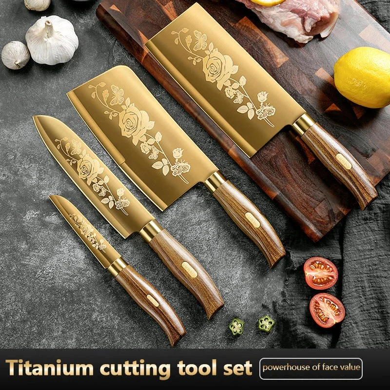 Wholesale Golden Kitchen Knife Set Stainless Steel Blade And Wood Grain Plastic Handle With Gold Titanium Coated Chef Knife Set