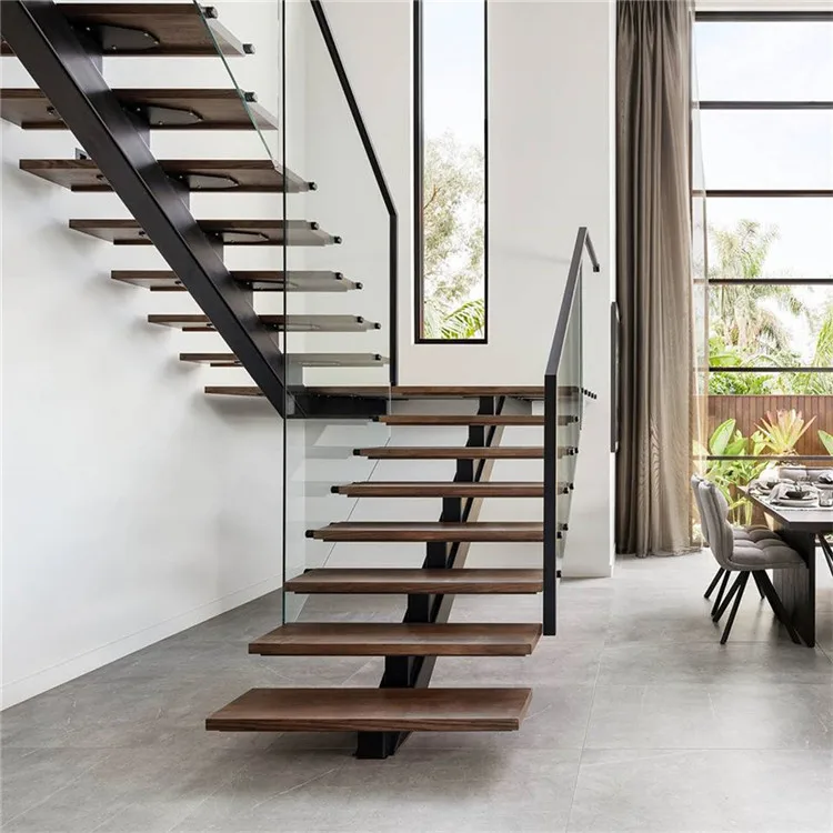 CBMmart Apartment Rod Bar Interior Solid Wooden Oak Tread Curved Stair Mono Stringer Tempered Glass Railing Staircase