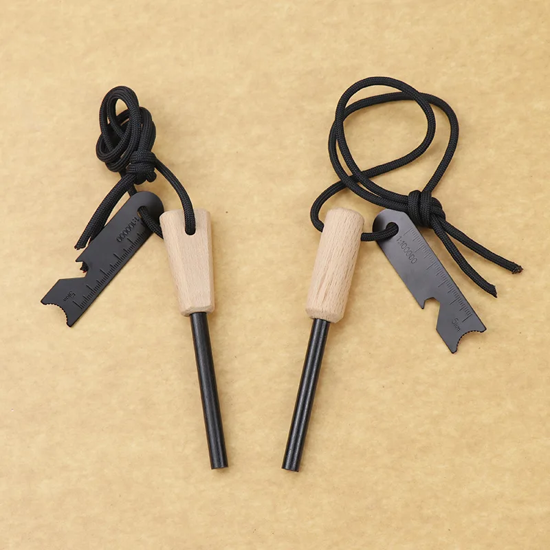 Outdoor Survival Flint Stone Waterproof Fire Tool Survivor Match Rope Fire Starter Wooden Handle Flint Magnesium Fire Starter