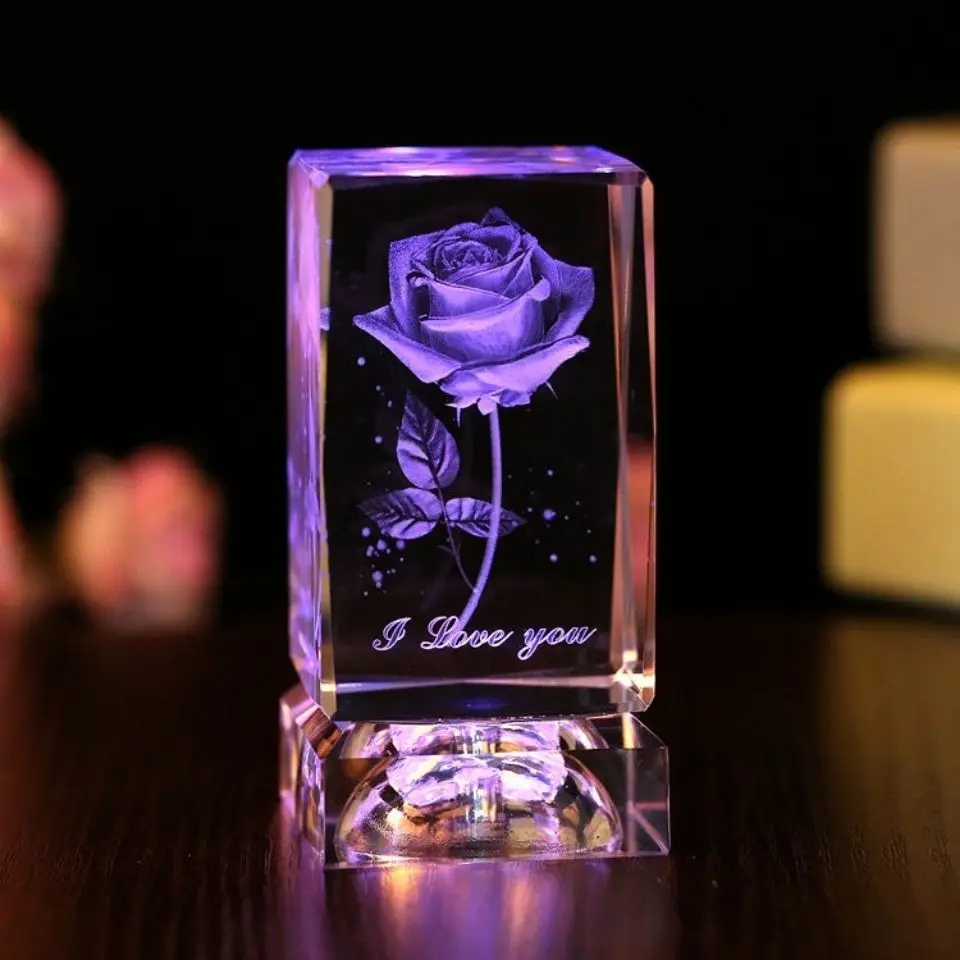 hot 3d crystal photo cube 3d laser engraving beautiful 3d laser crystal rose cube with led light