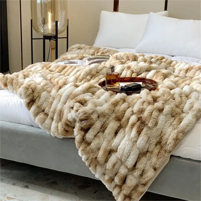 Micro Mink Heavy Thick Blanket Bubble Rabbit Faux Fur Double Layers Elastic Ruched Throw Blanket for Winter