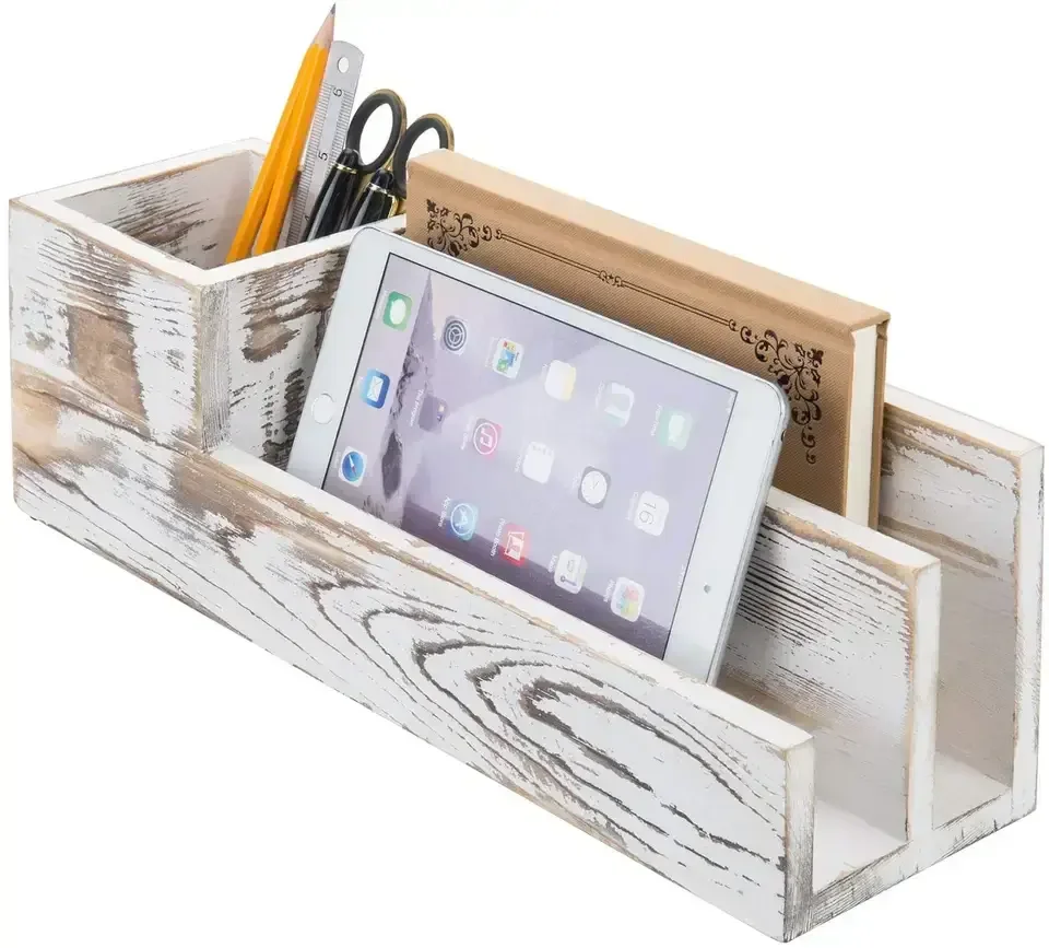 Wholesale Shabby Whitewashed Wood Desktop Pen Mail File Caddy 2 Slot Letter Sorter Office Supplies Desk Organizer