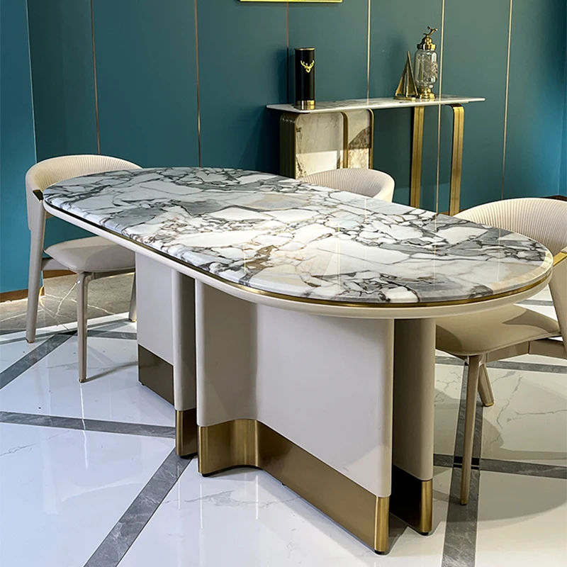 Base Oval Design Dining Table Marble Top Stainless Steel Modern and Luxury Natural Home Furniture Carton 1 Piece Stone / Marble
