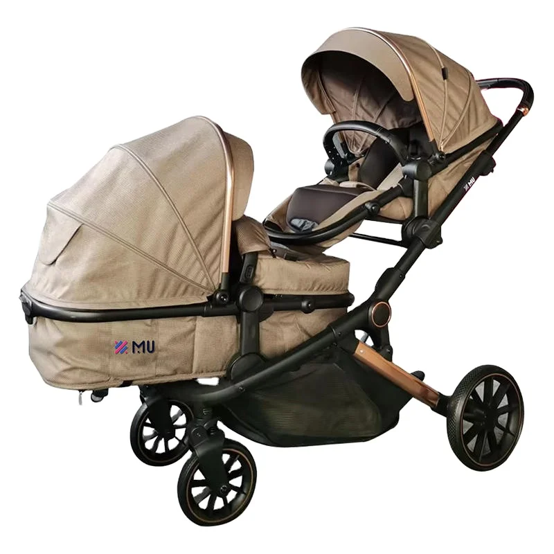 Luxury Foldable Double Baby Pram Twin Baby Stroller with 5-Point Safety Harness