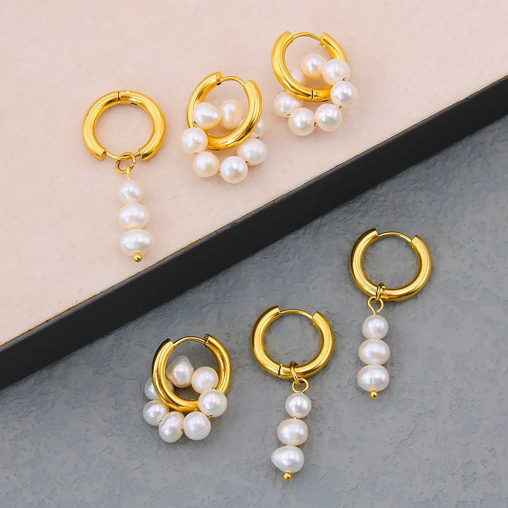 Wholesale 18k Gold Plated Earrings Stainless Steel Hoop Beaded Baroque Freshwater Pearl Earring For Women