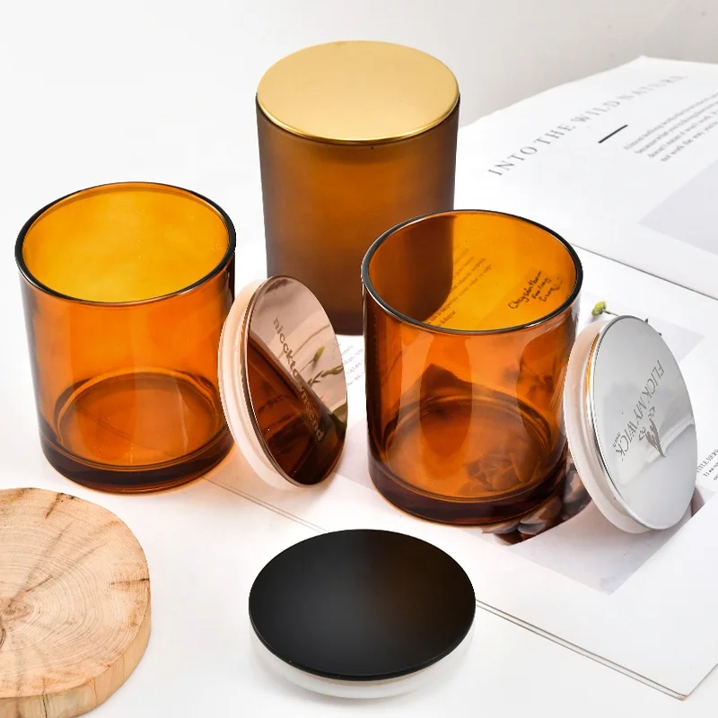 Factory direct sale 14OZ Frosted brown color Empty Glass Candle Jars with Bamboo Lids for Making Candles