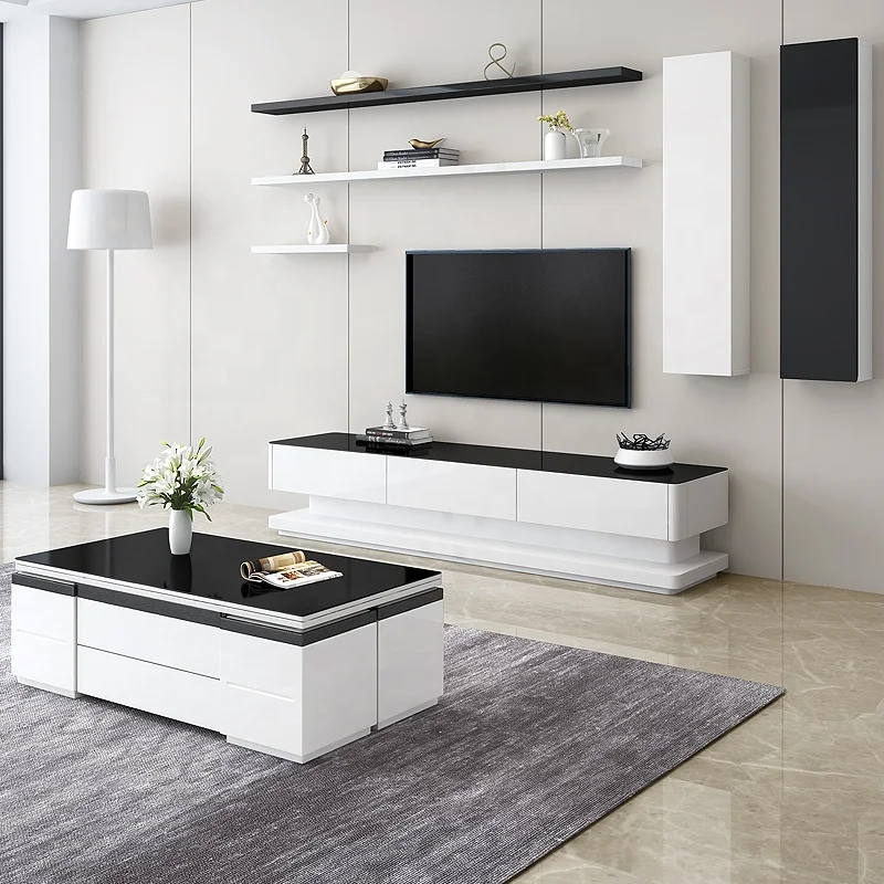 Living Room Multifunction black Tempered Glass Folding Lifting Coffee Table with TV Cabinet