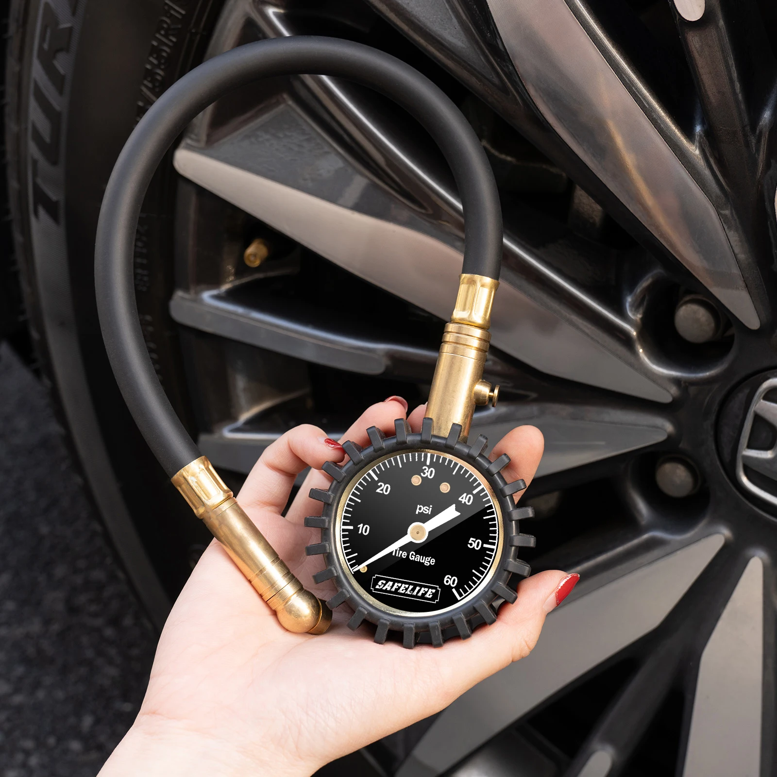 Tire Pressure Gauge, Glow Dial Gauge with Flexible Hose Air Chuck, 0-60 PSI Tire Gauge for Car Truck Bicycle Motorcycle