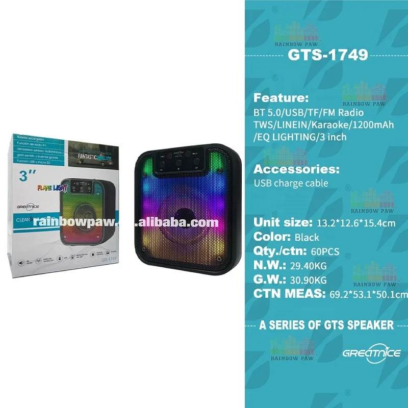 Kts Small Bt Speaker Gts-1749 Newest Product Hot Sale Professional Portable Outdoor Wireless 3 Inch Speaker with Rgb Color Light