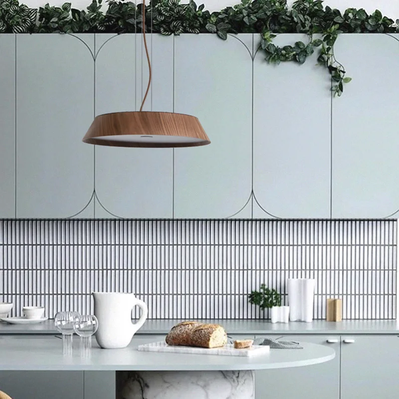 European Artistic Round Chandelier Modern Hanging Lamp Minimalist Style Dining Room Kitchen Oak Wood Pendant Light