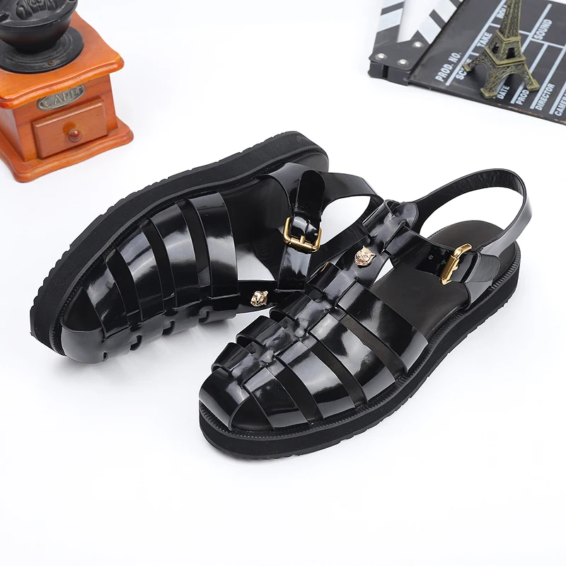 2024 new Simple Black Casual Shoes  round Toe Design  Comfortable Wedge Shoes Lace Up Cross Straps Platform Sandals
