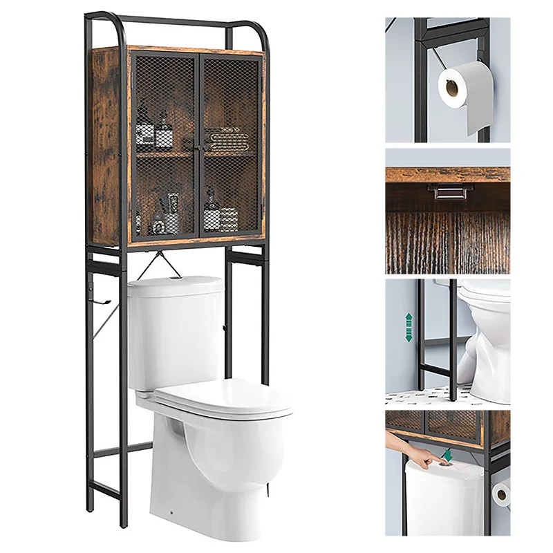 A sturdy and versatile toilet rack made of iron and wood provides a minimalist design for modern bathrooms