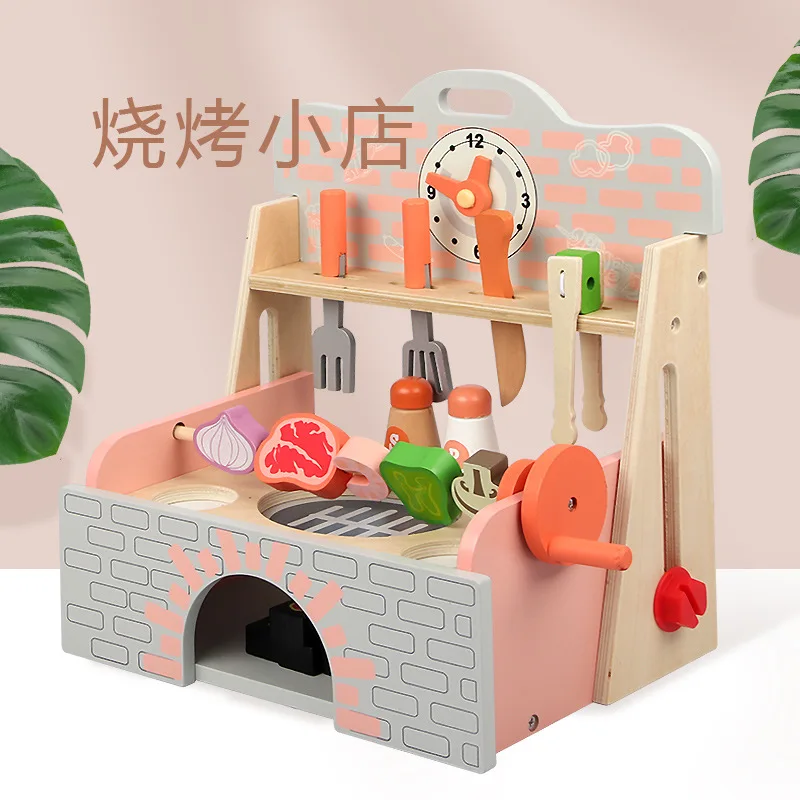 Wooden Kitchen Set Toy Baby Orange Small Stove Barbecue Shop Grill Doll House Car Grills For Toddlers Kids
