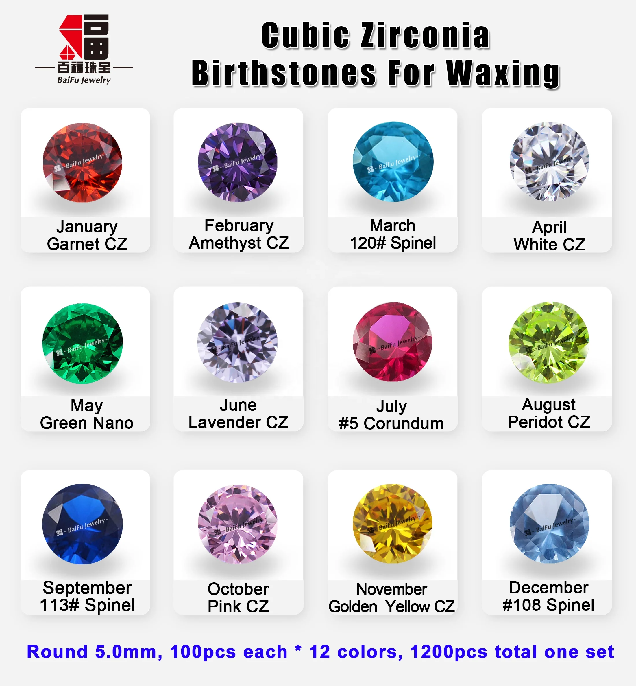 machine cut 12 month colors AAAAA top quality loose cz stone birthstone