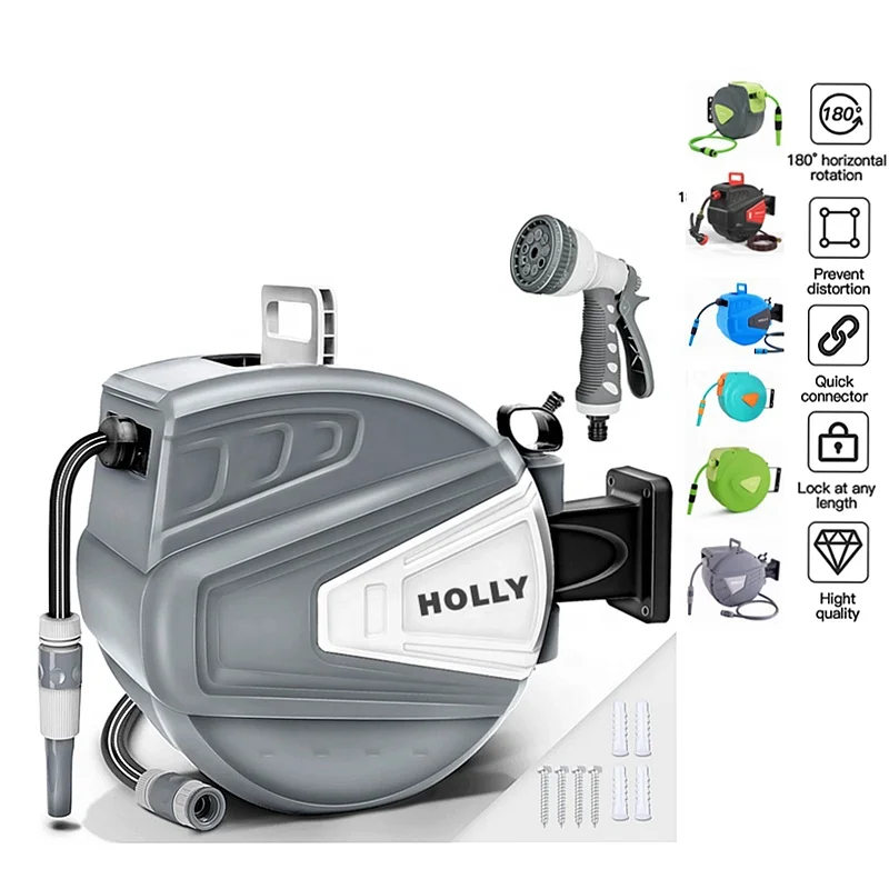 180 Horizontal Rotate Wall Mount Rewind Hose Reel Prevent Distortion Quick Connector 20M Automatic Lock at any Length Hose Reel