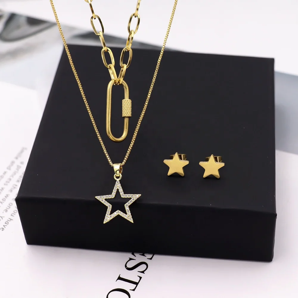 Stainless Steel Heart Star Pearl Pendant Earring Multi Layered  Necklace Jewelry Set