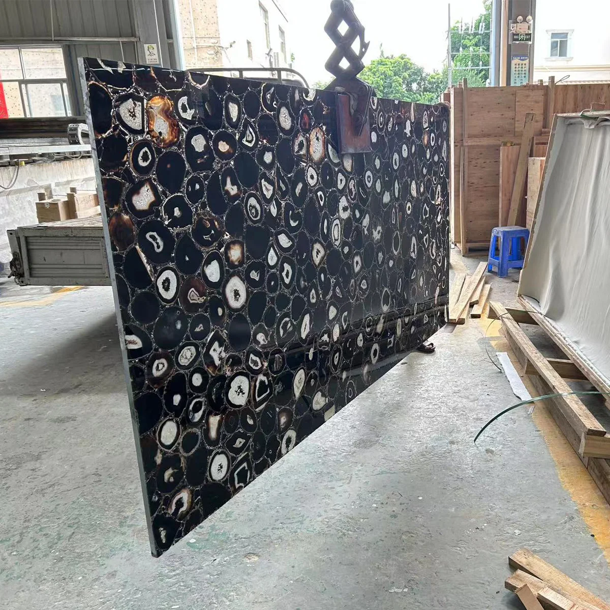 Custom Backlit Furniture Natural Crystal Onyx Black Agate Stone Table Top With Led Light