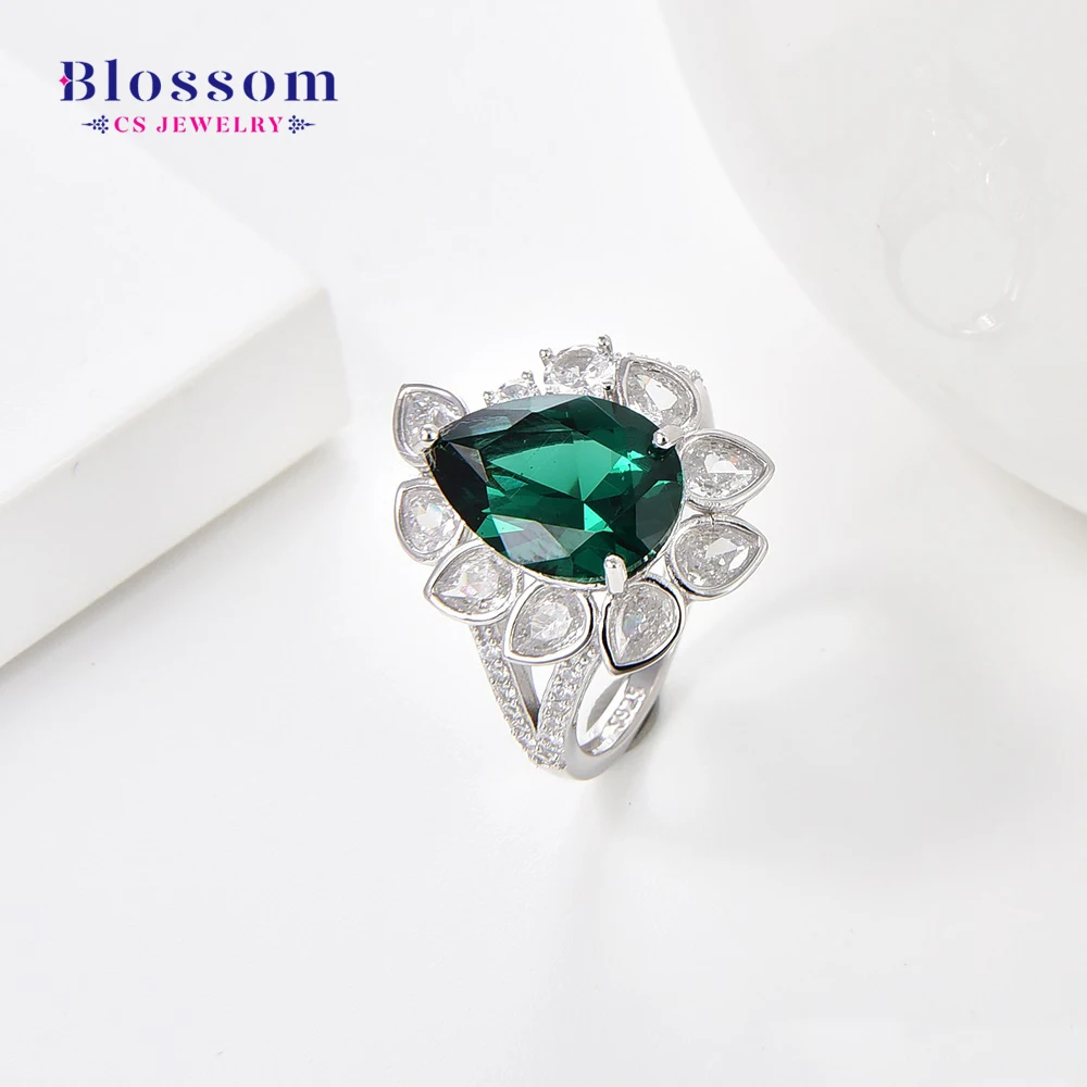 Blossom CS Jewelry Exclusive Design Trendy Water Drop Emerald Ring Zircon 925 Pure Silver Rings For Women