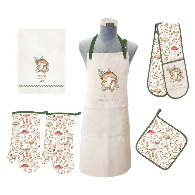 Custom Mushroom Printed Design Waterproof Restaurant Chef Cooking Apron Kitchen Towel Oven Glove Pot Holder Set