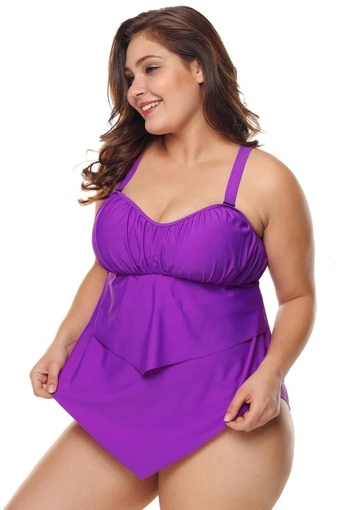 M-3XL New Elegant Purple Bikini Set Solid Color Pleated Detail Plus Size Two Piece Swimsuit Large Size Swimwear