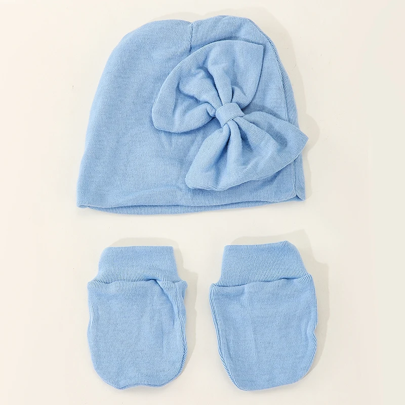 Wholesale Bow Boys Girls Cotton Newborn Babies Knit Soft Knitted Mittens New Baby Hat With Mittens Set