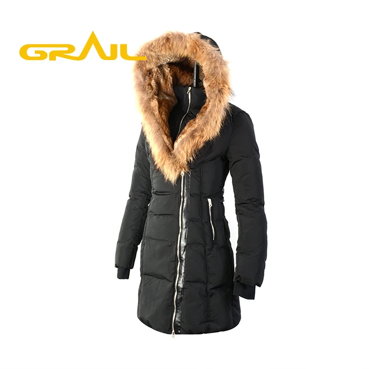 European style long fur collar warm winter goose ladies down coat parka jacket