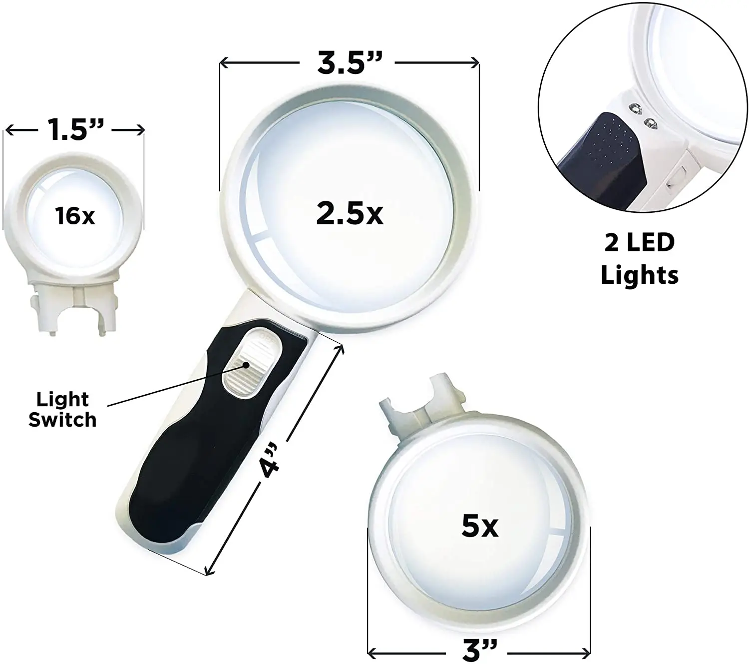 
LED Illuminated Magnifying Glass Set with Lights for Seniors, Maps, Jewelry, Coins, Watch & Computer Repair,3-Lens 2.5X 5X 16X 