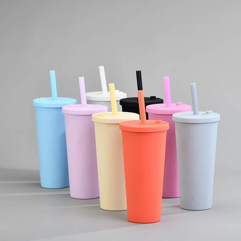 Custom 24oz 700ml Straw Tumbler Premium Bubble Tea Cups Double Wall Plastic Reusable Boba With
