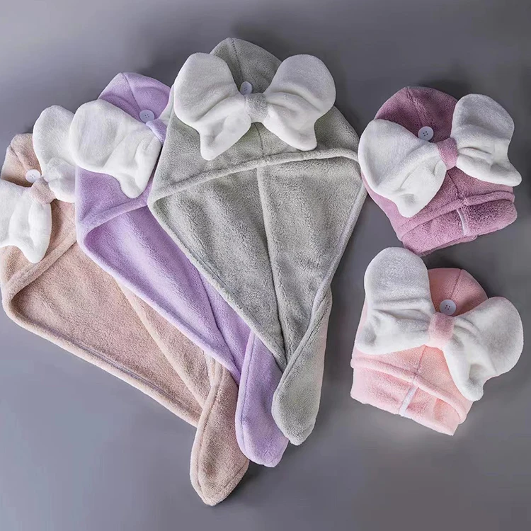 Custom Logo Coral Fleece Super Absorbent Hair Turban Drying Wrap Towel With Bunny Ears Quick Dry To Dry Head For Women And Kids