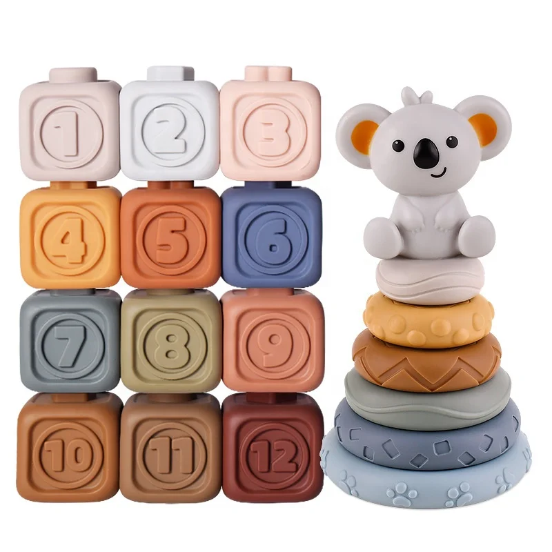 New 6Pcs/Set Baby Soft Silicone Stacking Tower Blocks Ring Stacker Baby Educational Montessori Sensory Toys