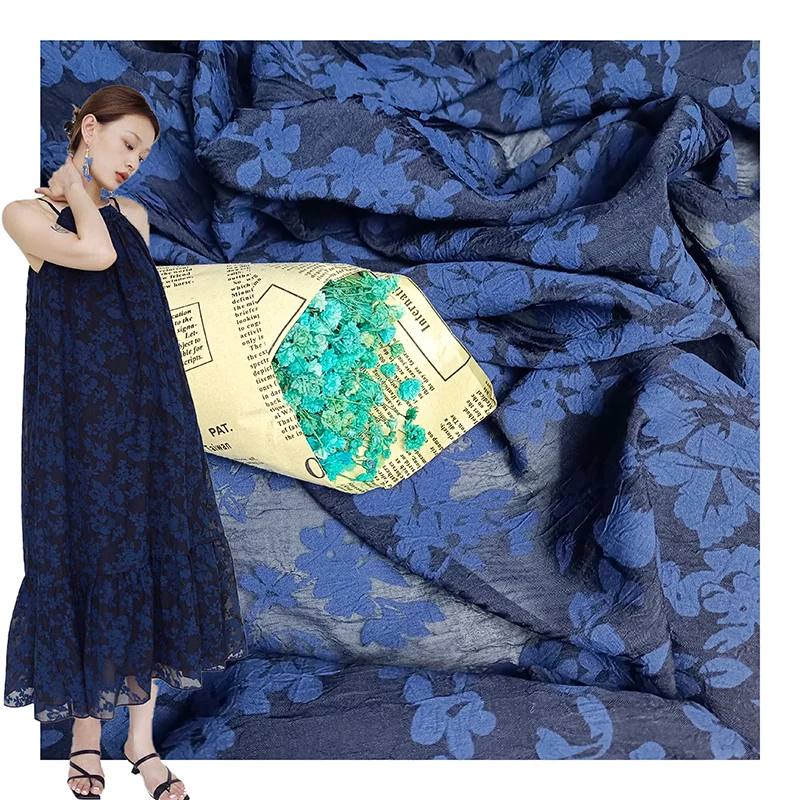 Chic Style with Pleated Floral CVC Burnout Jacquard Fabric for Dresses