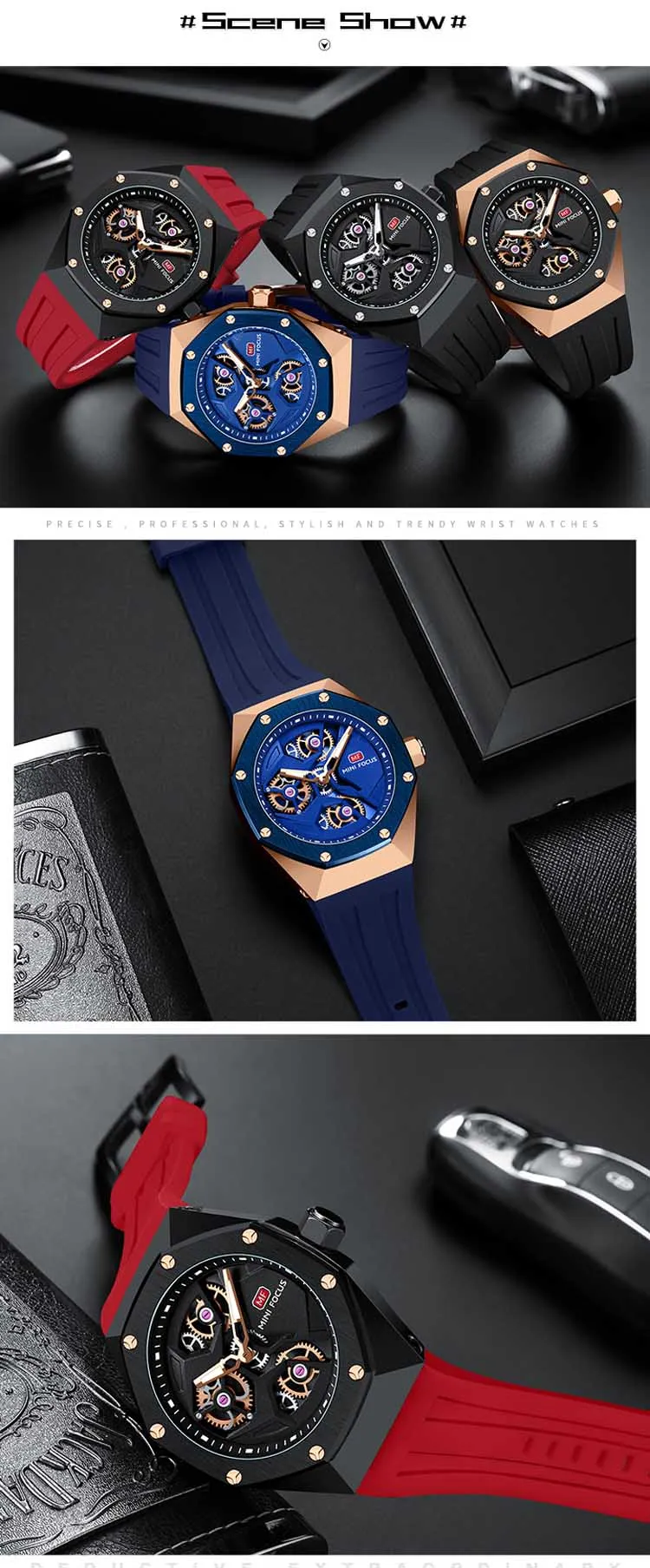 Mini Focus MF0422G Wholesale Blue Gents Quartz Watch Stylish Silicone Band Water Proof Skeleton Vintage Casual Wrist Watch