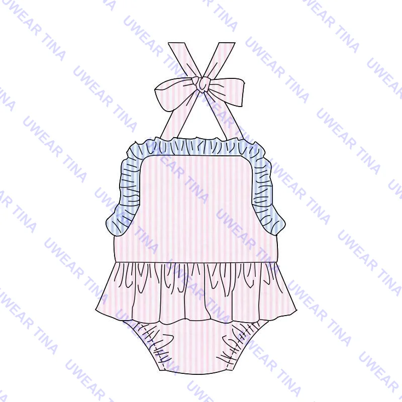 Monogram Bikini Swimsuit For Baby Toddler Kids Seersucker Brother Sister Matching Bathing Suit Swim Trunks