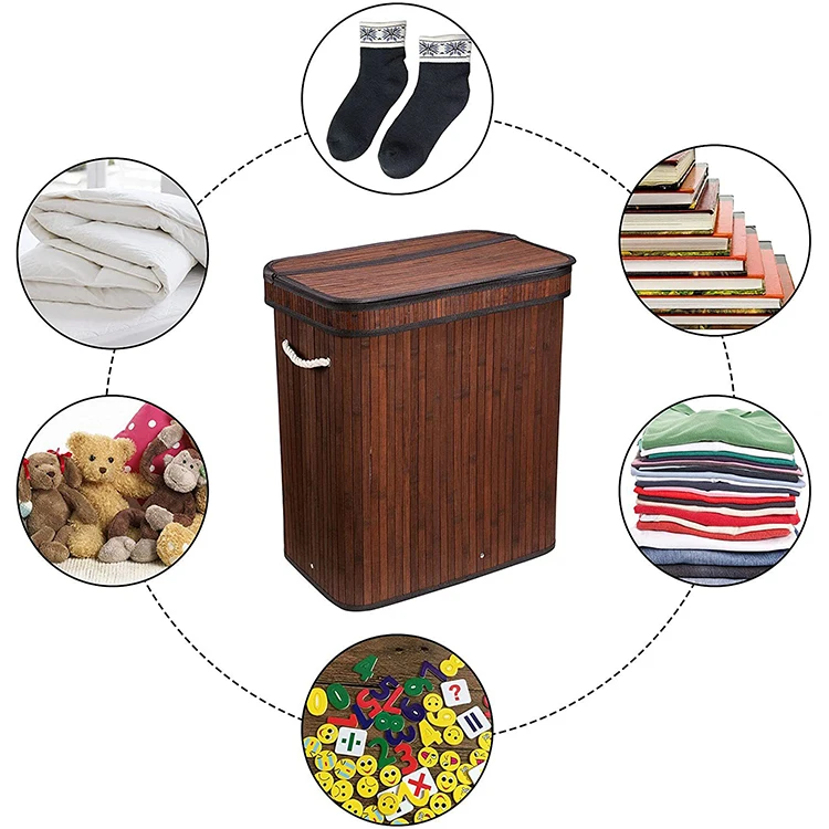 Eco Friendly Custom Bamboo Laundry Hamper Dirty Clothes Collapsible Storage Basket with Lid Liner and Handles