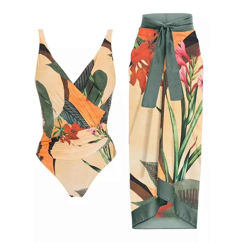 Scrunch Swimsuit Wrap Floral Swimming Costume Retro Vintage Chiffon Bathing Suits swim dress swimwear women one piece