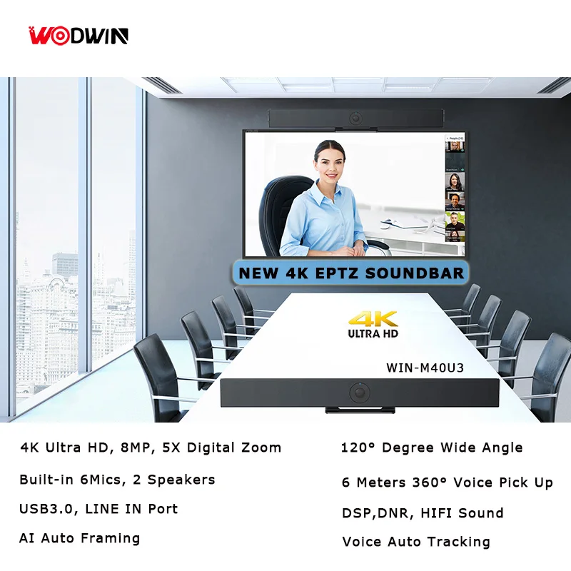 WODWIN Новая 4K универсальная веб-камера Ultra HD Eptz видеосаундбар видеокамера для видеоконференции
