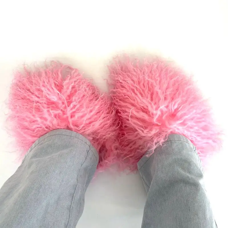 2024 Custom Logo Pantuflas De Peluches Slip On Zapatillas Fluffy Plush Fuzzy sheep fur slides Mongolian fur  slippers