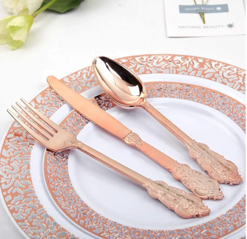 Disposable Plastic Gold Rose Gold Dessert Cake Crown Spoons Fork Knife Flatware Utensils Set for Party Wedding or Daily Using