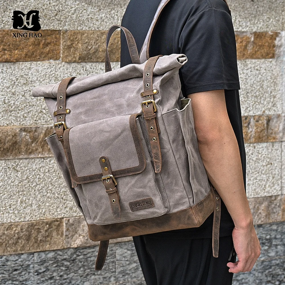 Handmade Vintage Waxed Canvas Large Capacity Travel Laptop Hiking Daypack School Vintage Rolltop Rucksack Backpack for Men Women