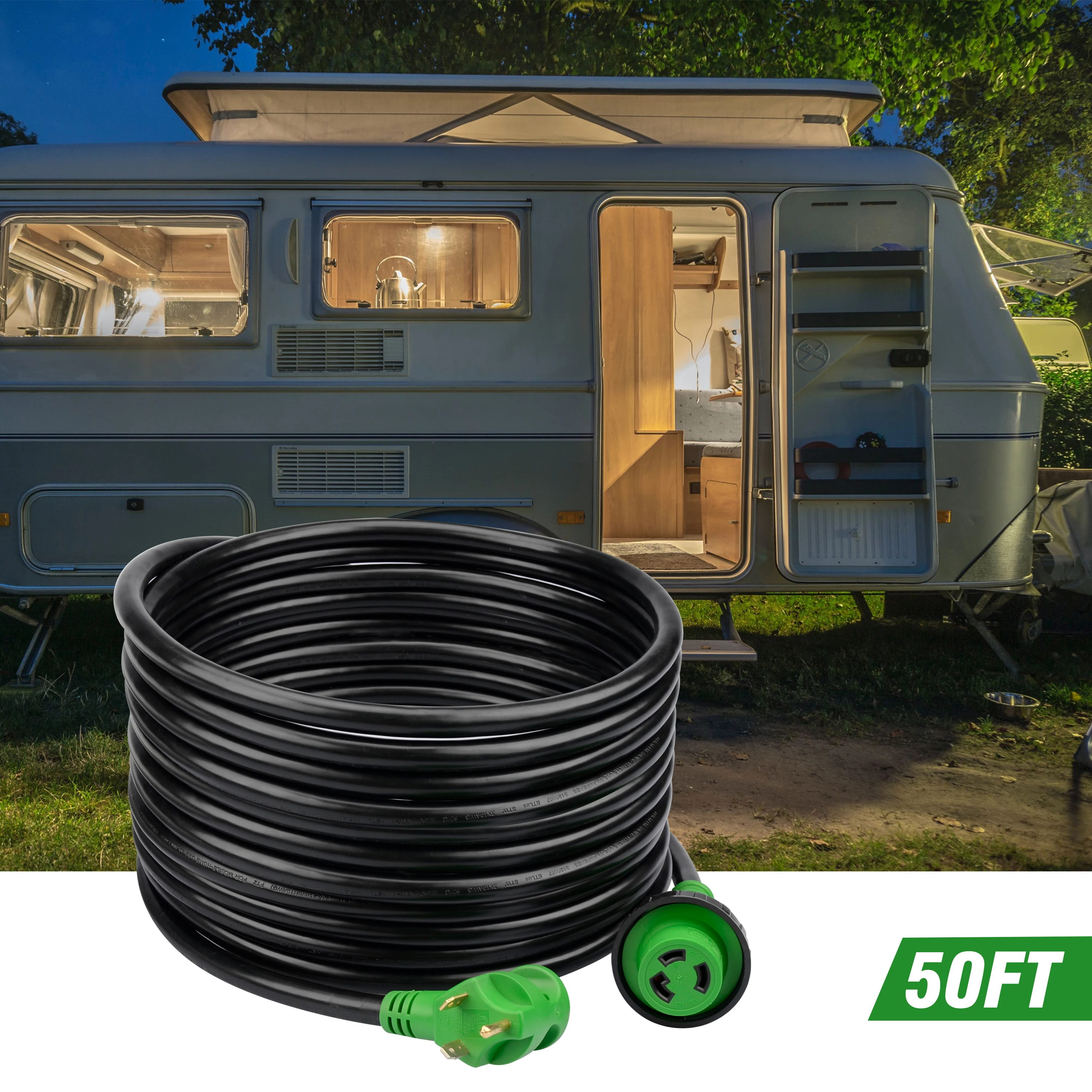 J523 30 Amp 50 Feet RV Power Extension Cord Heavy Duty STW Wire with LED Light NEMA TT-30P to L5-30R Locking Connector Green