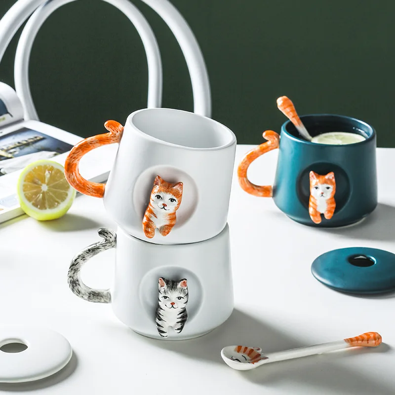 Kawaii керамическая кофейная кружка набор мультфильм 3D Шиба-ину собака рельефная монтируемая Персонализированная чашка для молока чая с крышкой ложкой рождественские