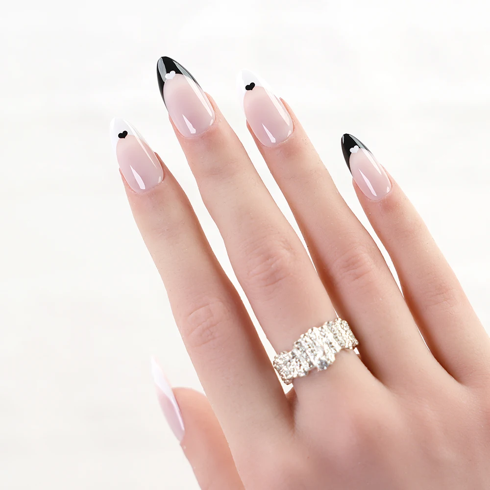 Verified Manufacturers Supply High Quality Press On Nails French Black Heart Almond Stiletto Shape Acrylic False Nail Kit