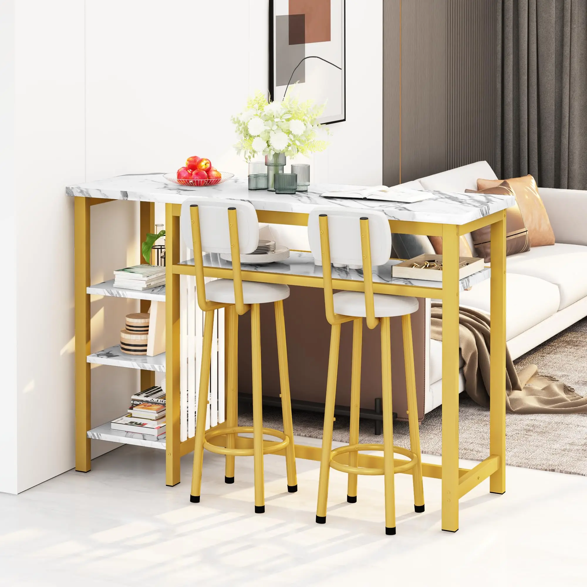 Bar table set of 2 space saving home and kitchen tables with storage racks, 2 upholstered counter height chairs