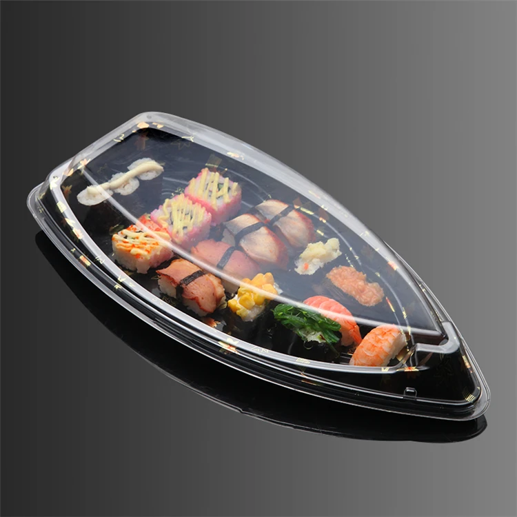 Professional Wholesale Disposable Take Away Plastic Packing Box Food Container Custom Black Boat Sushi Box With Clear Lids