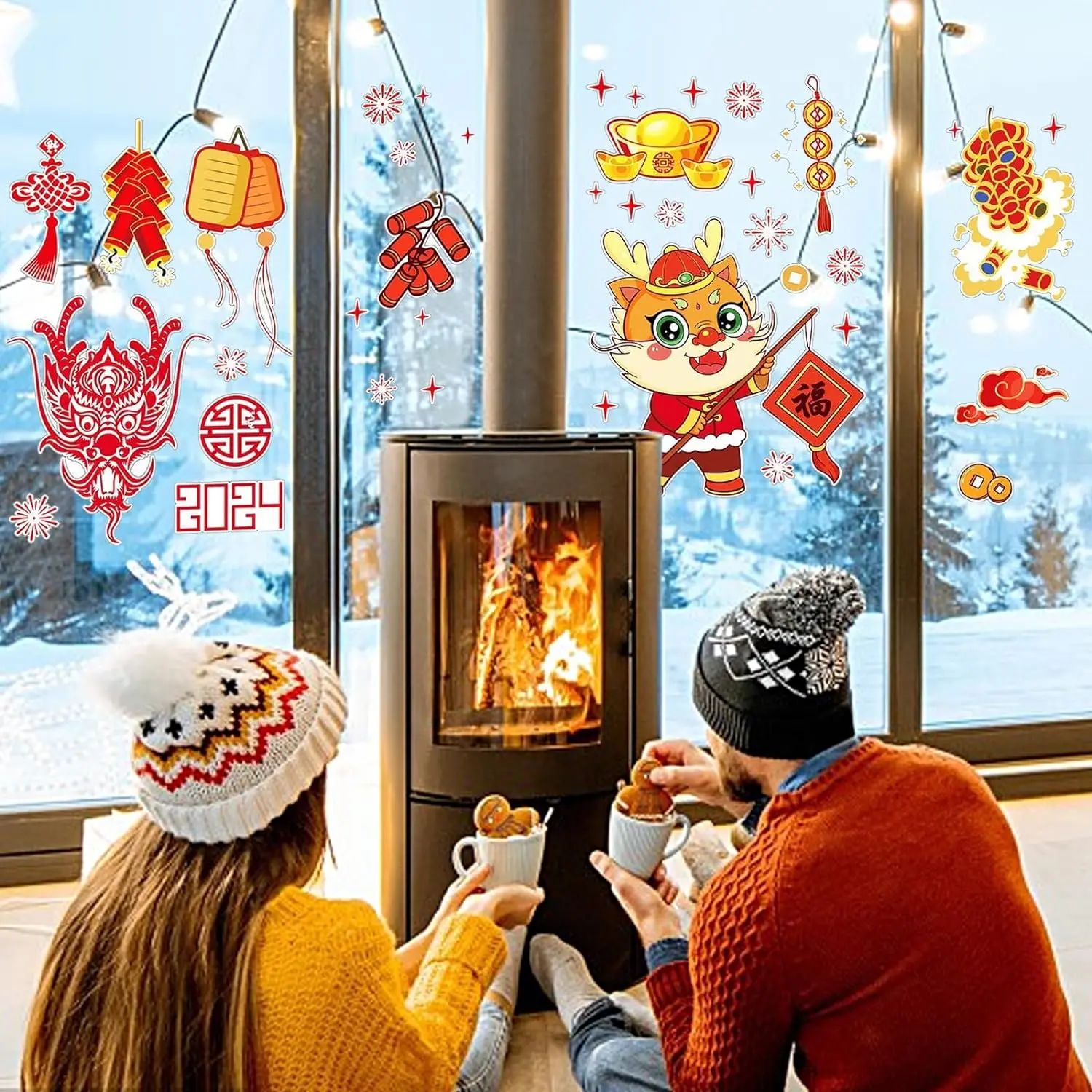 Chinese New Year Window Clings Chinese Zodiac Dragon Wall Door Stickers 2024 The Year of Dragon Fu Character Window Stickers