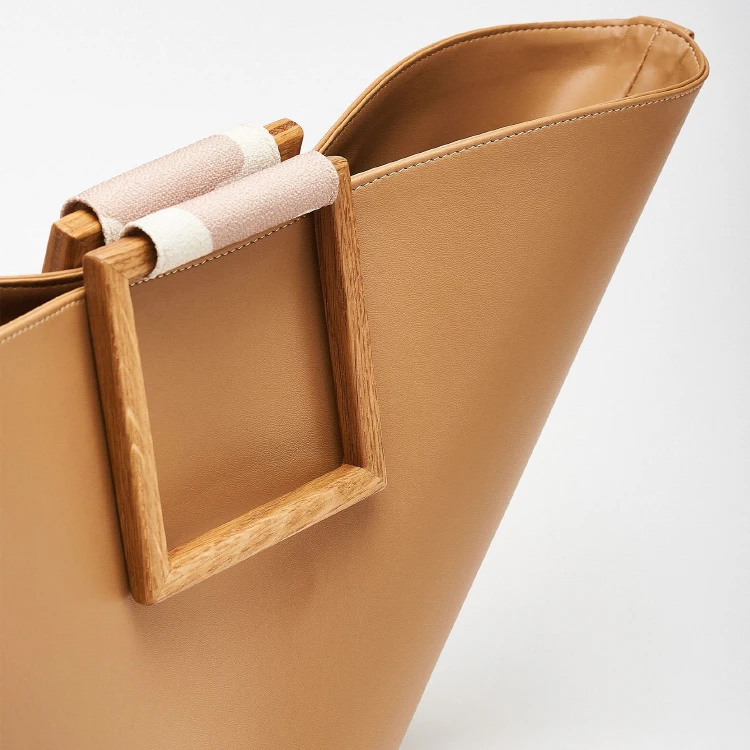 Paparazzi PA0341 Factory Price Large Capacity Wooden Handle Leather Bucket Tote Bag Women Ladies With Small Pouch