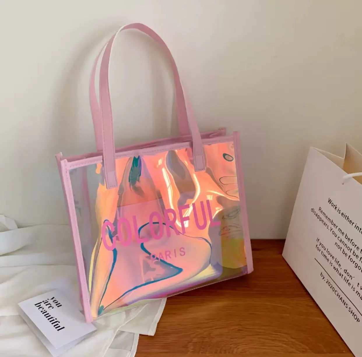 High quality waterproof holographic pvc shoulder tote bag clear plastic shopping bag gift bag