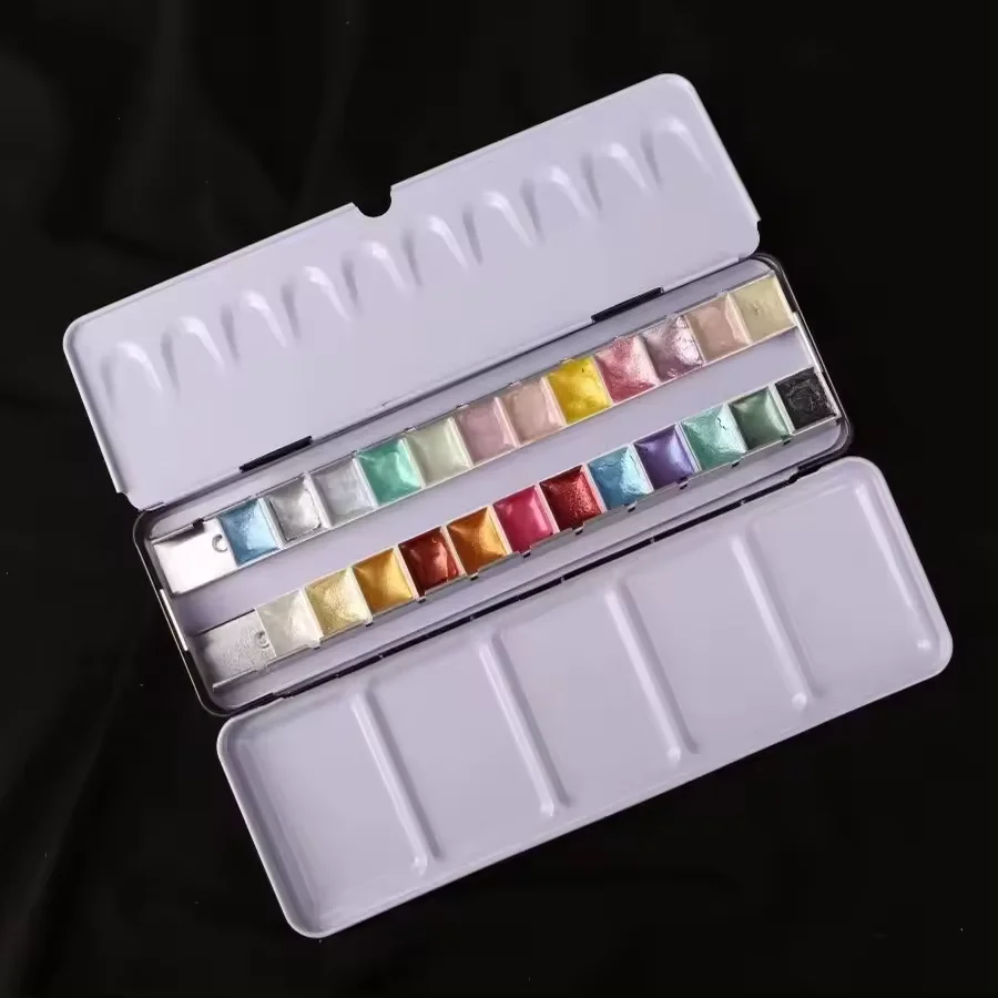 24 glittery colors solid watercolor pearl metallic watercolour paint set for artist and student painting